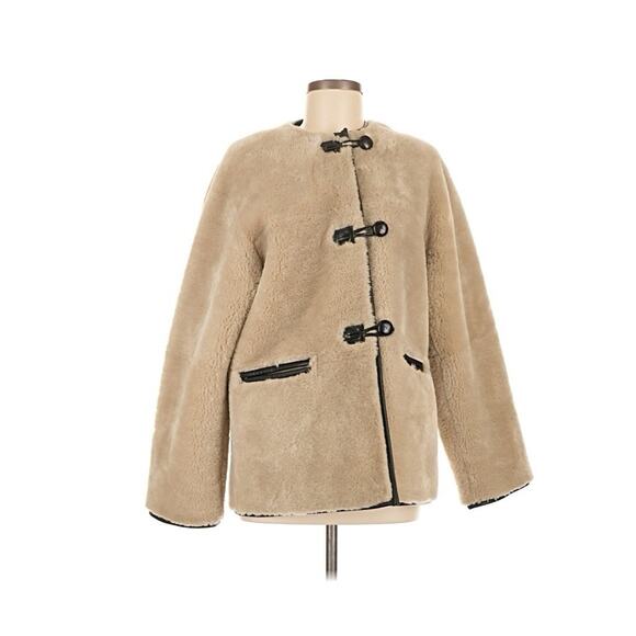 MANGO cream faux fur Black Toggle Sherpa Coat Jacket M - Picture 2 of 5